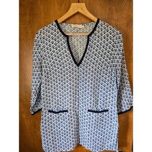 Tory Burch Navy Blue White Baja Printed Linen Tunic Top Blouse w/ Pockets XS